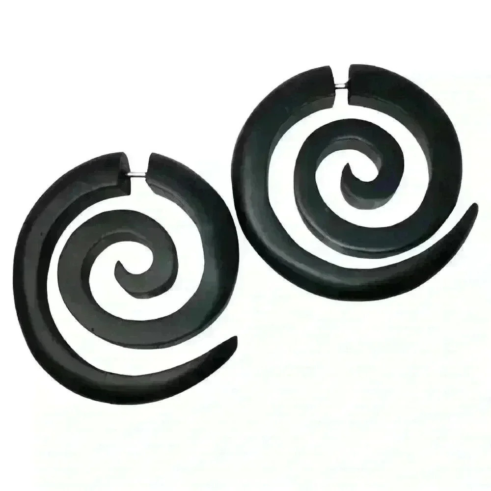 Organic wooden spiral hoop earrings fake gauges by umbrellalaboratory